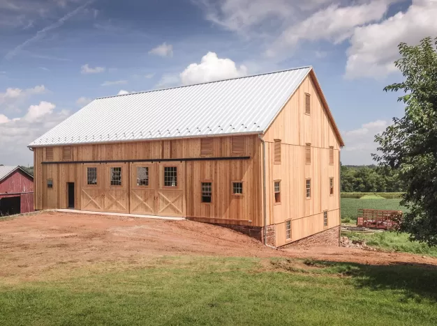 Standing seam metal roof on a barn.